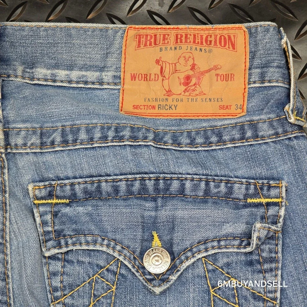 True‎ Religion Ricky Straight Leg Jeans Mens 34 Light Wash Distressed USA Y2K